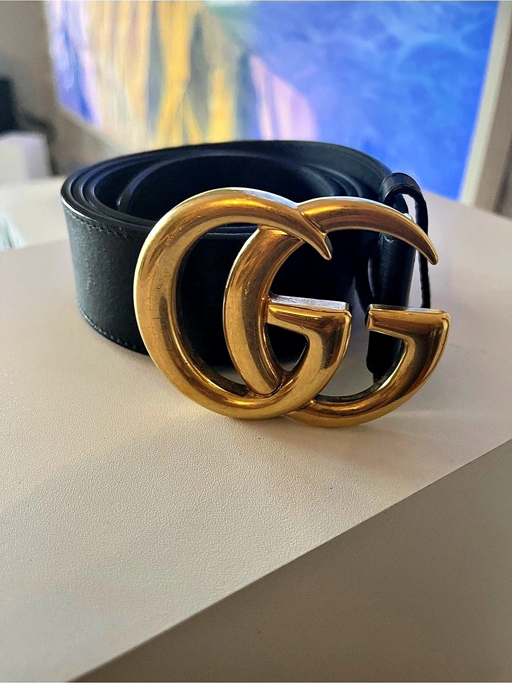 Gucci Interlocking G belt Leather Belt in Black & Gold Size 90/36